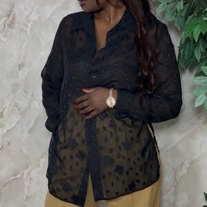 Sheer Black Floral Button-Up Blouse - Women